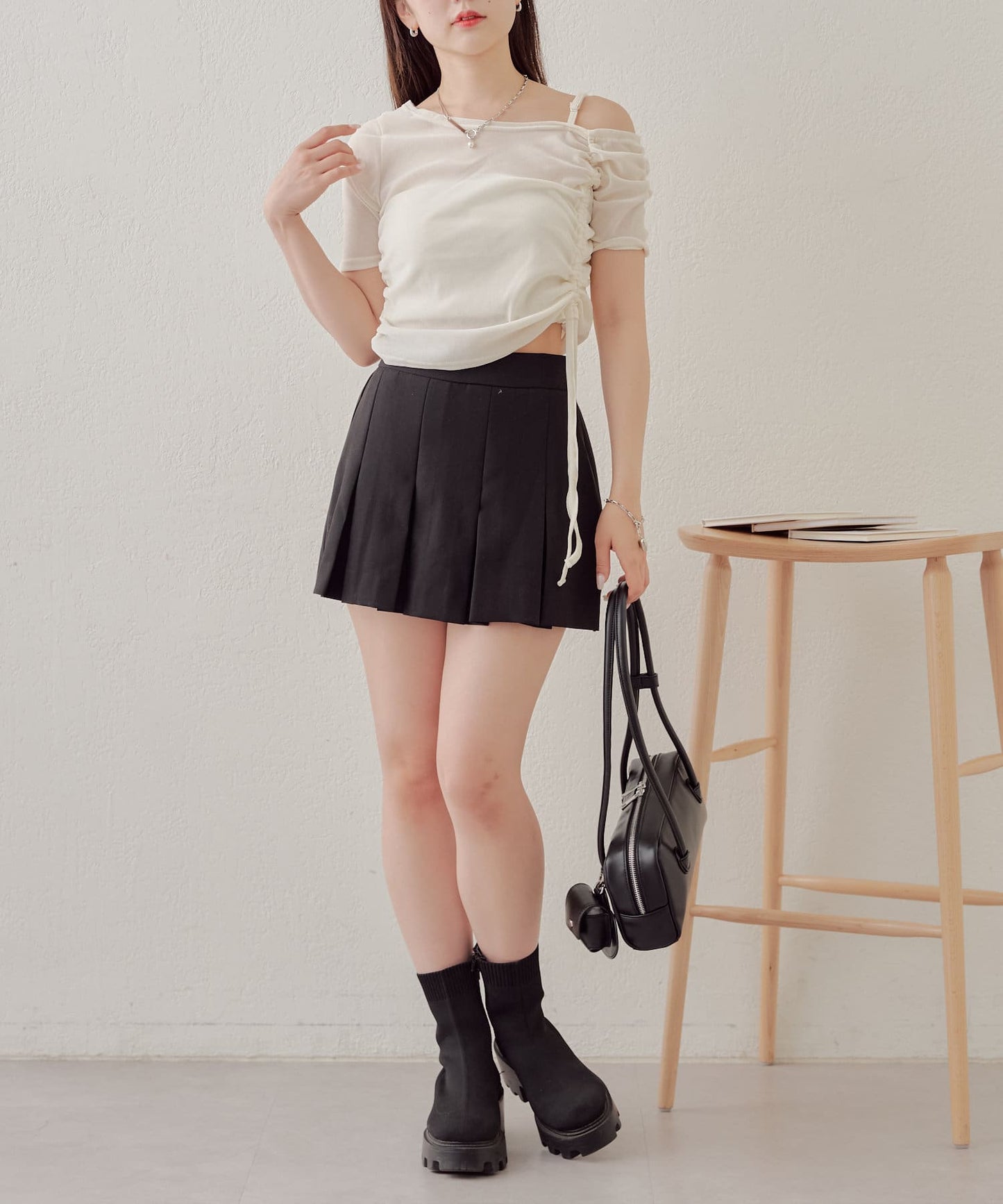 5分袖單肩領吊帶長T恤