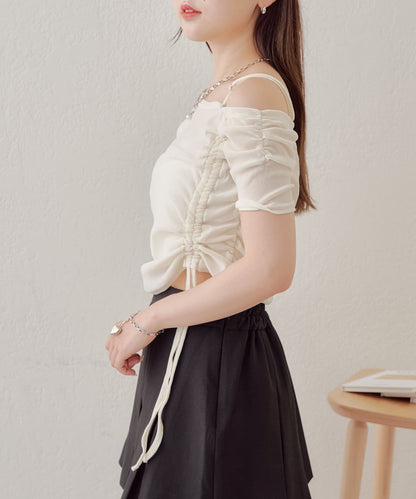 5分袖單肩領吊帶長T恤