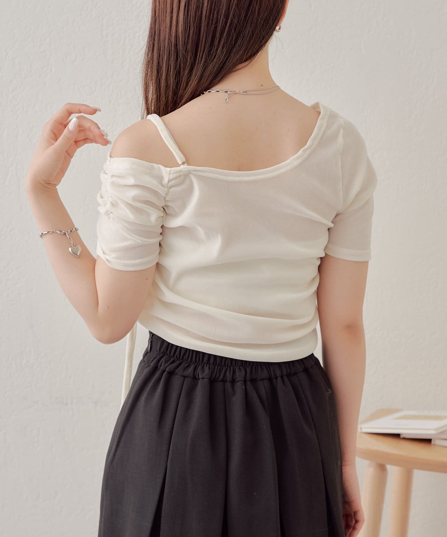 5分袖單肩領吊帶長T恤