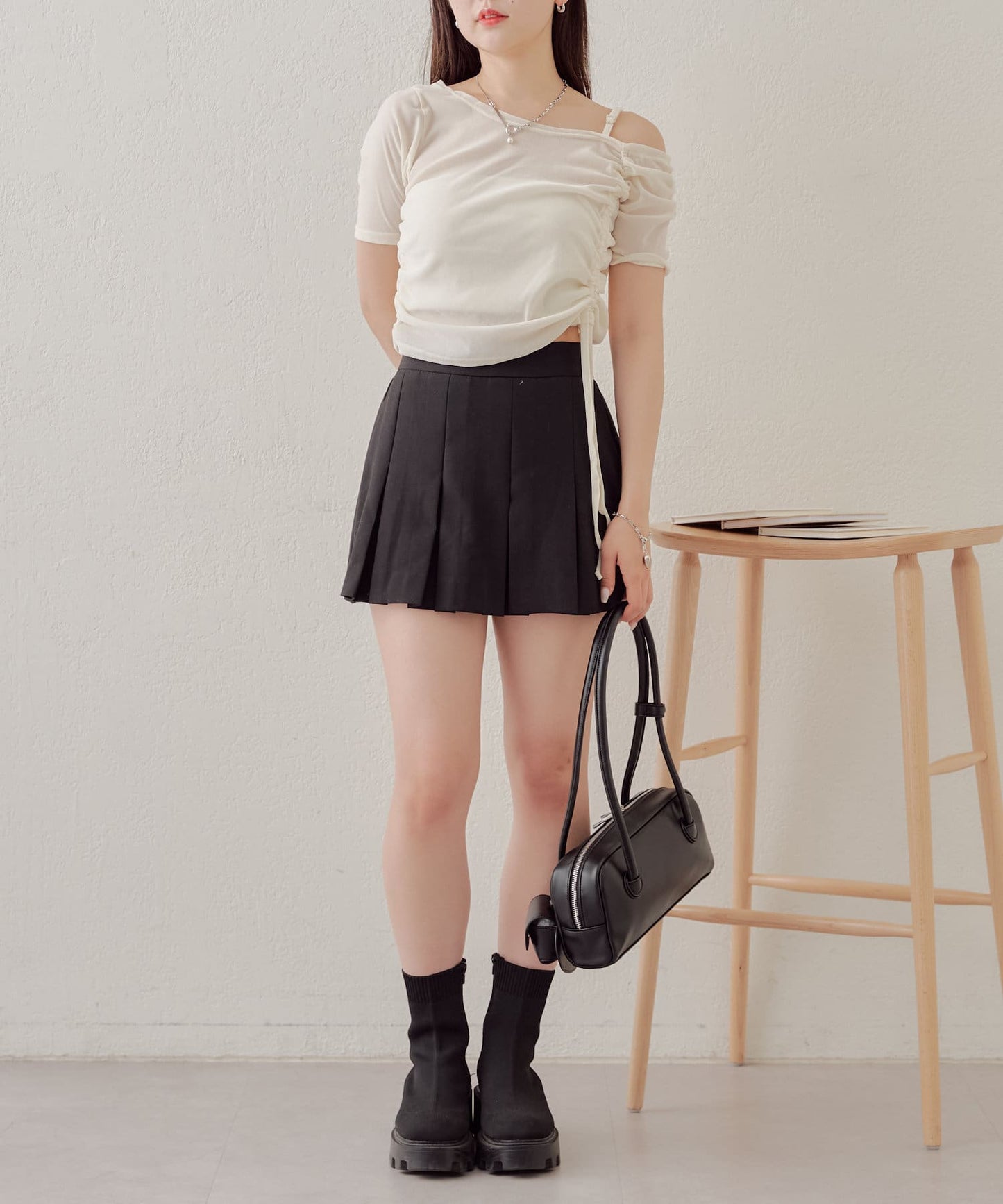 5分袖單肩領吊帶長T恤