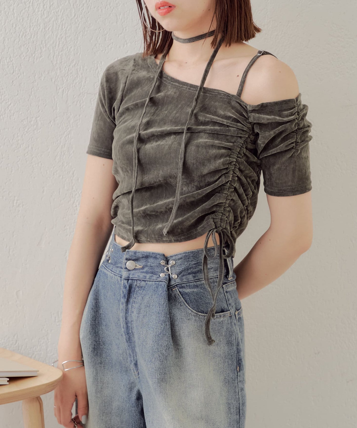 5分袖單肩領吊帶長T恤