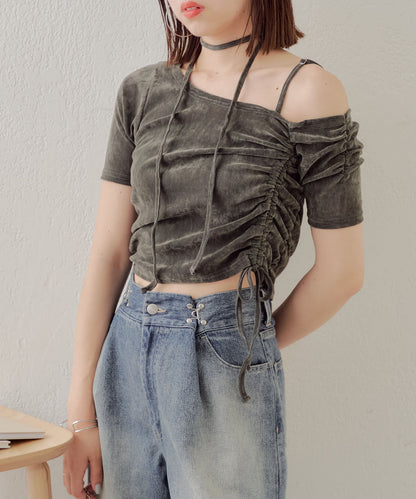 5分袖單肩領吊帶長T恤