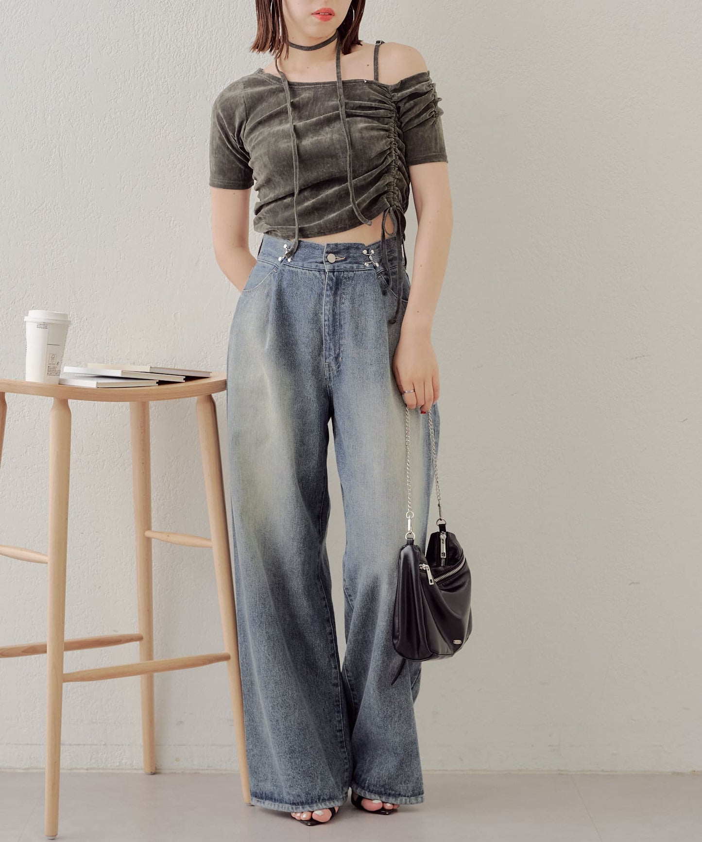 5分袖單肩領吊帶長T恤