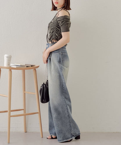 5分袖單肩領吊帶長T恤