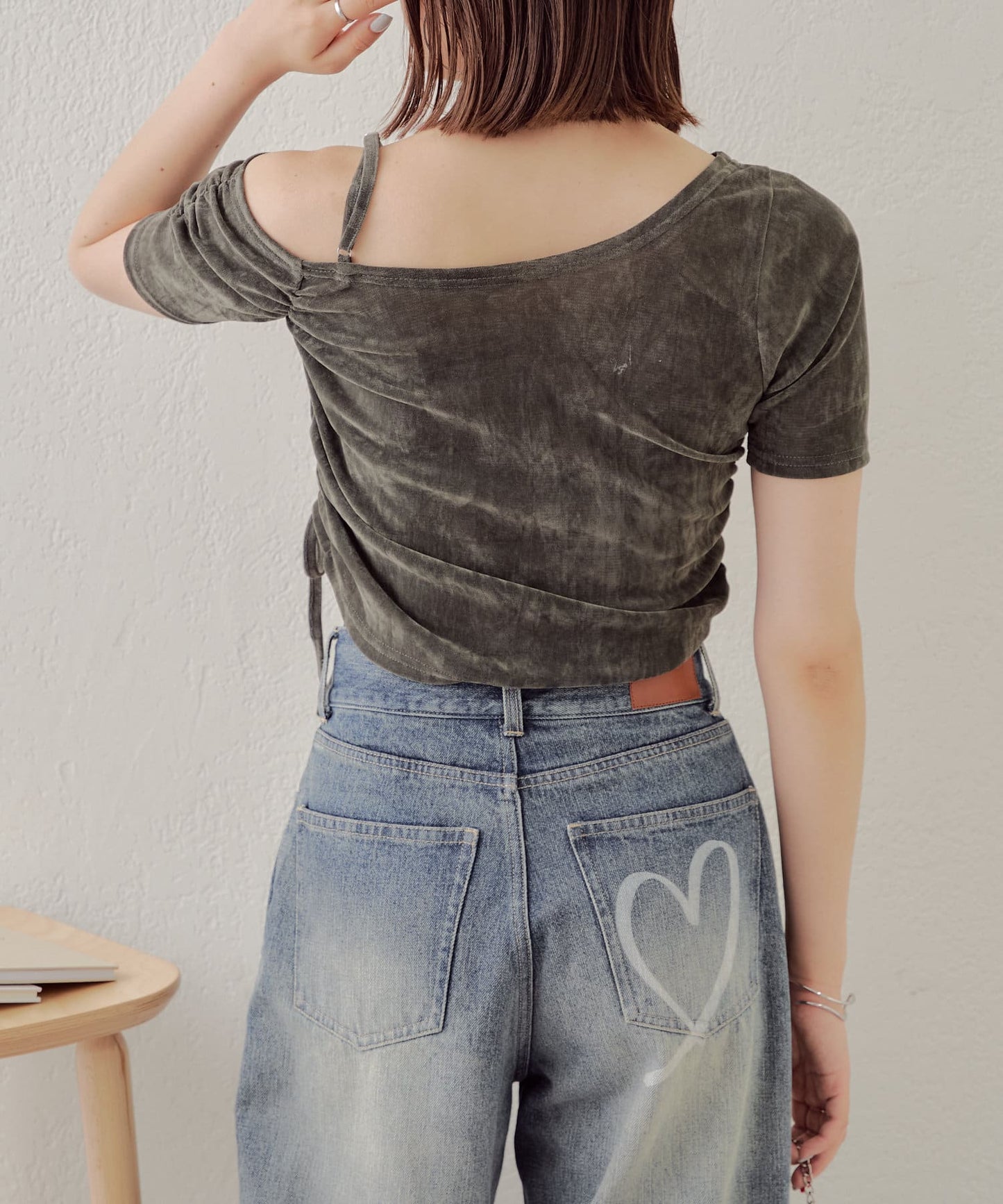 5分袖單肩領吊帶長T恤