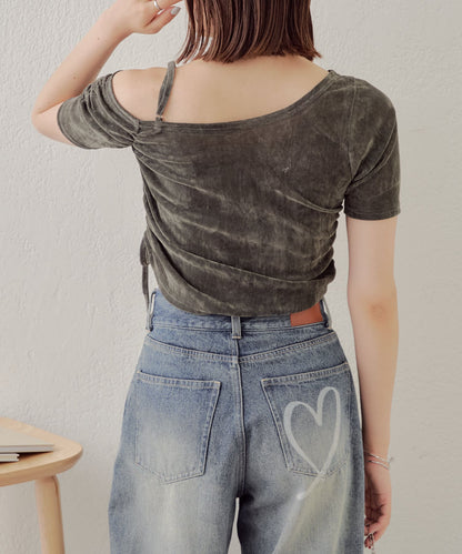 5分袖單肩領吊帶長T恤