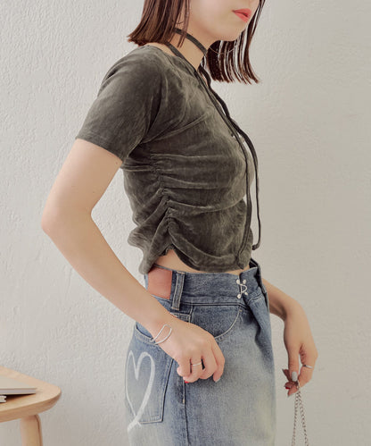 5分袖單肩領吊帶長T恤