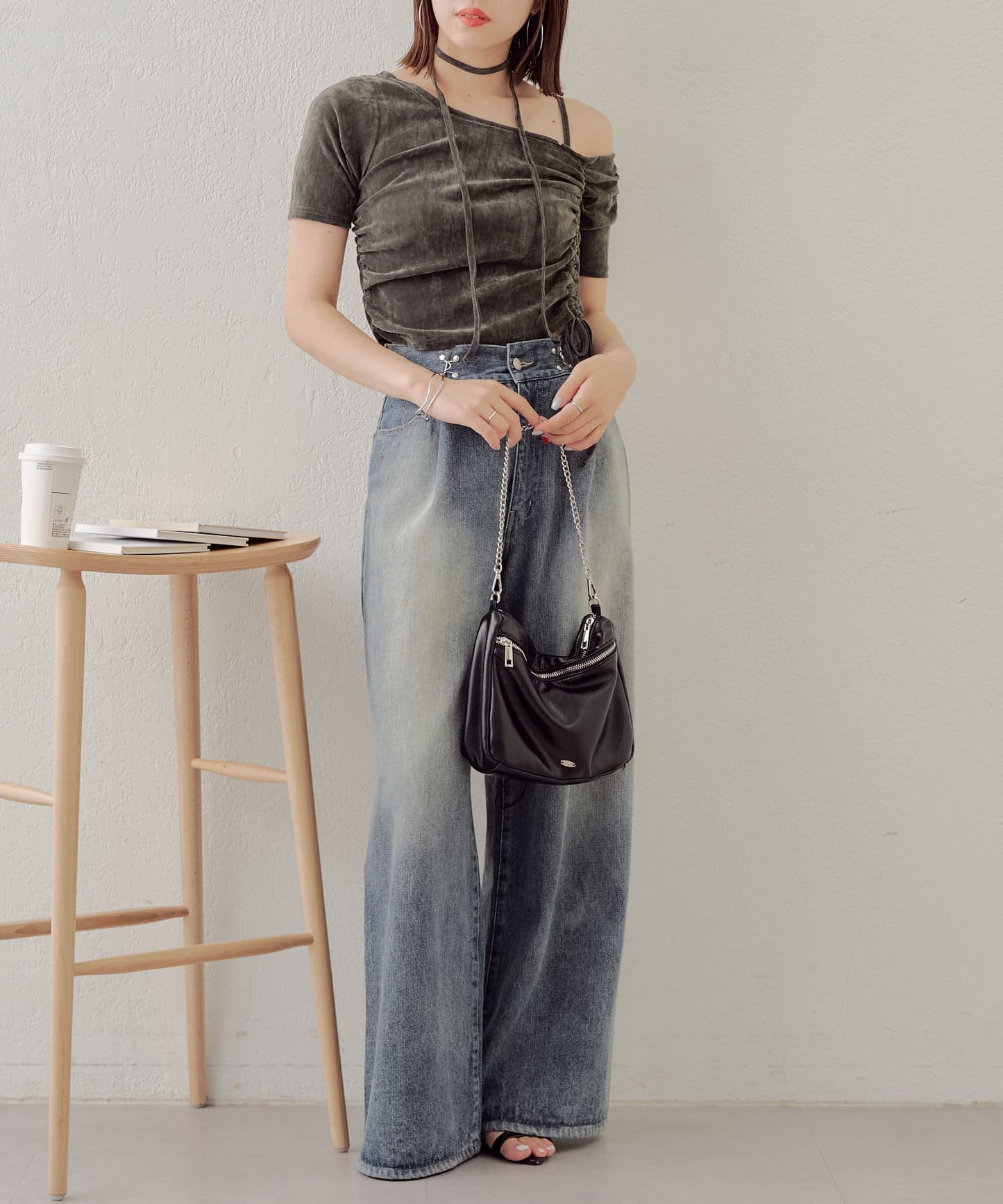 5分袖單肩領吊帶長T恤