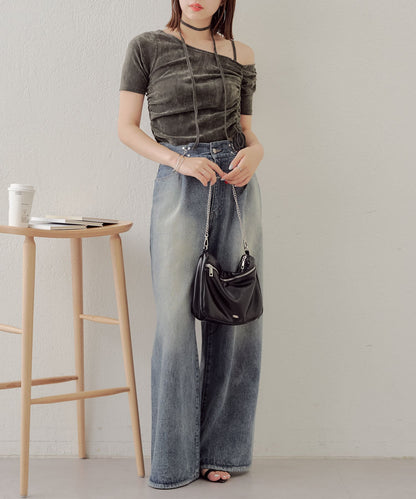 5分袖單肩領吊帶長T恤