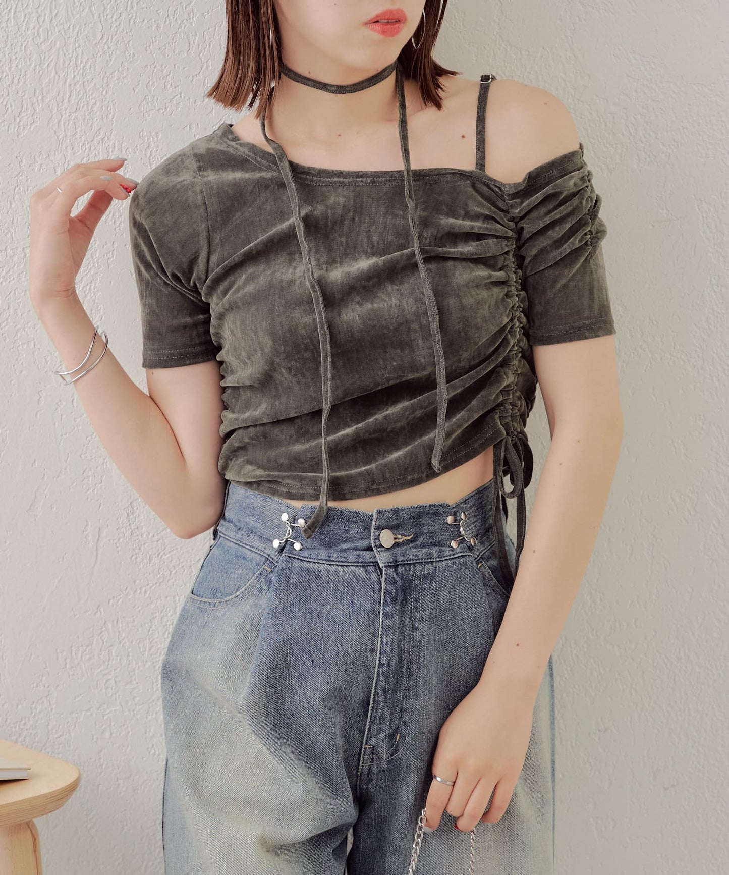 5分袖單肩領吊帶長T恤