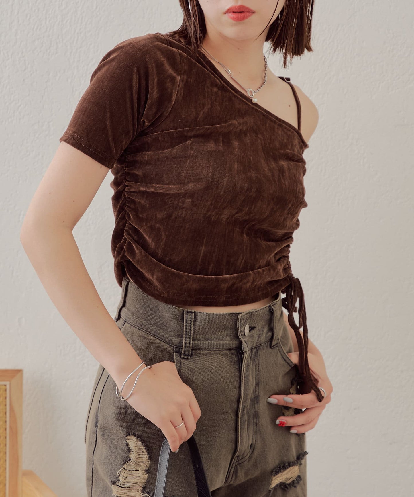 5分袖單肩領吊帶長T恤