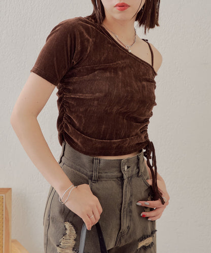 5分袖單肩領吊帶長T恤