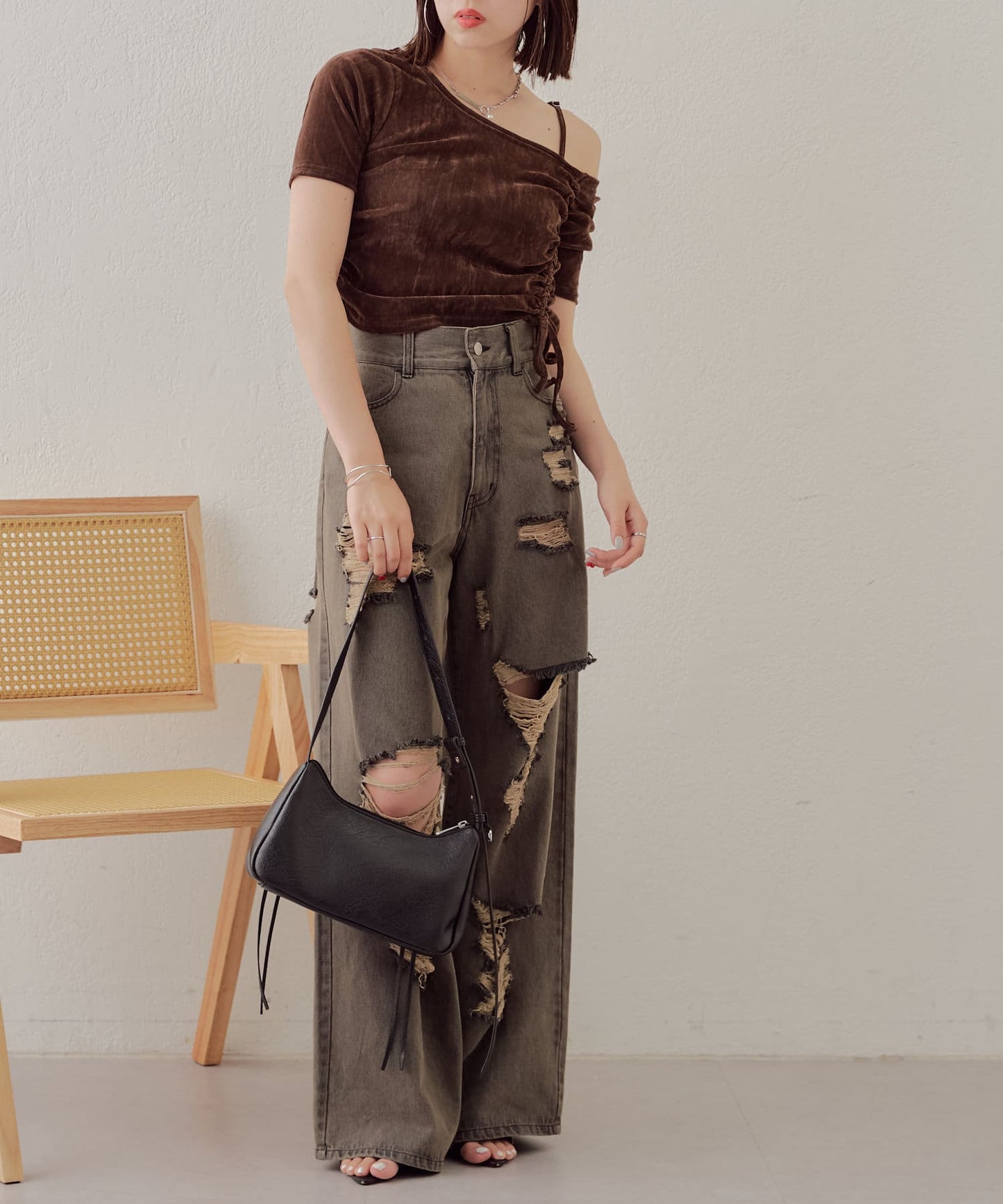 5分袖單肩領吊帶長T恤