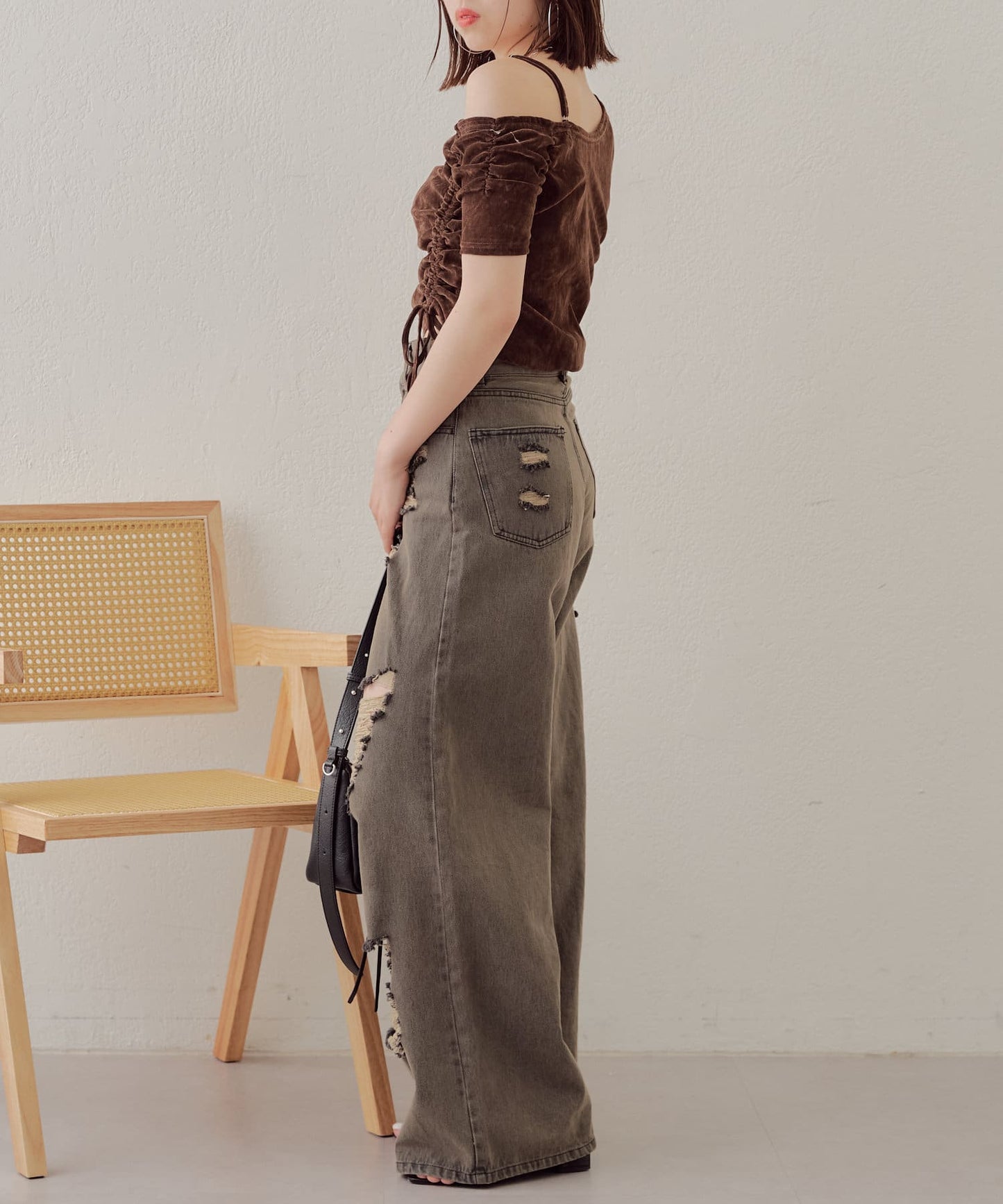 5分袖單肩領吊帶長T恤