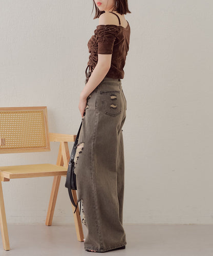 5分袖單肩領吊帶長T恤