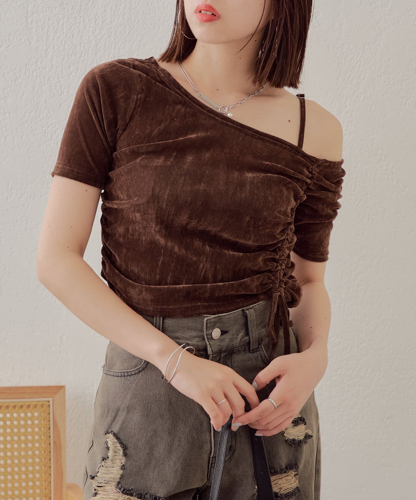 5分袖單肩領吊帶長T恤