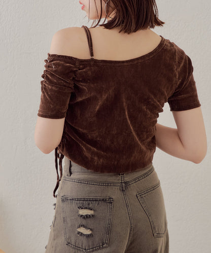 5分袖單肩領吊帶長T恤