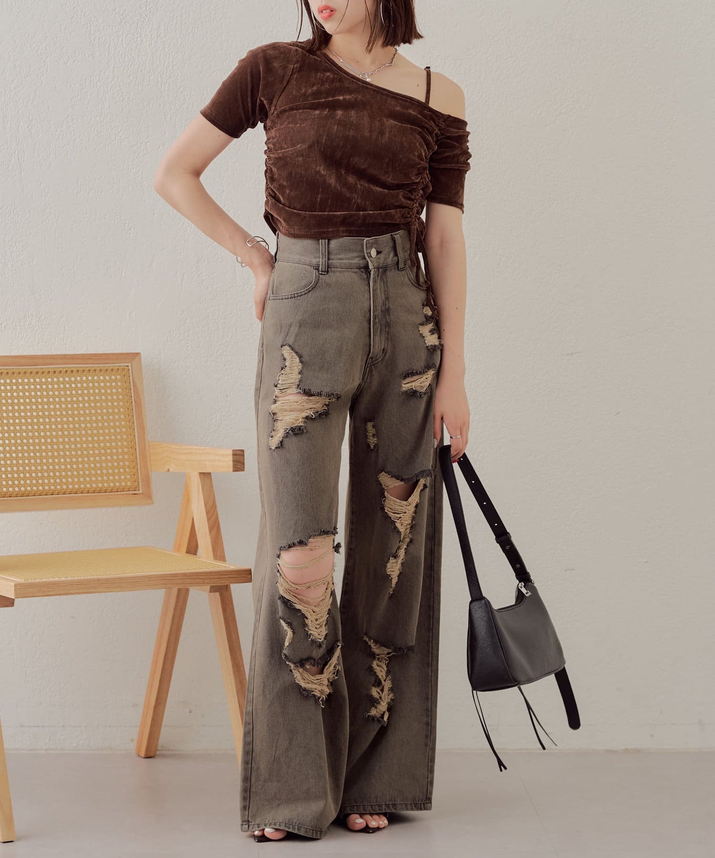 5分袖單肩領吊帶長T恤