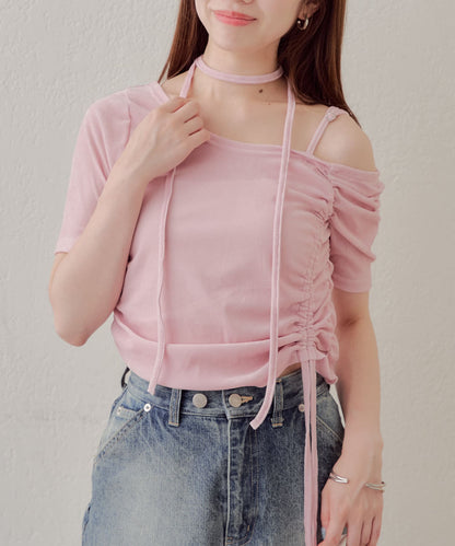 5分袖單肩領吊帶長T恤