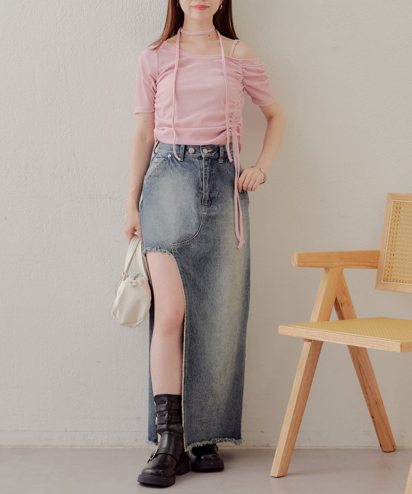 5分袖單肩領吊帶長T恤