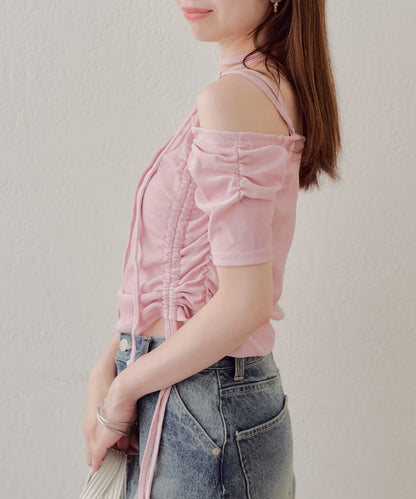 5分袖單肩領吊帶長T恤