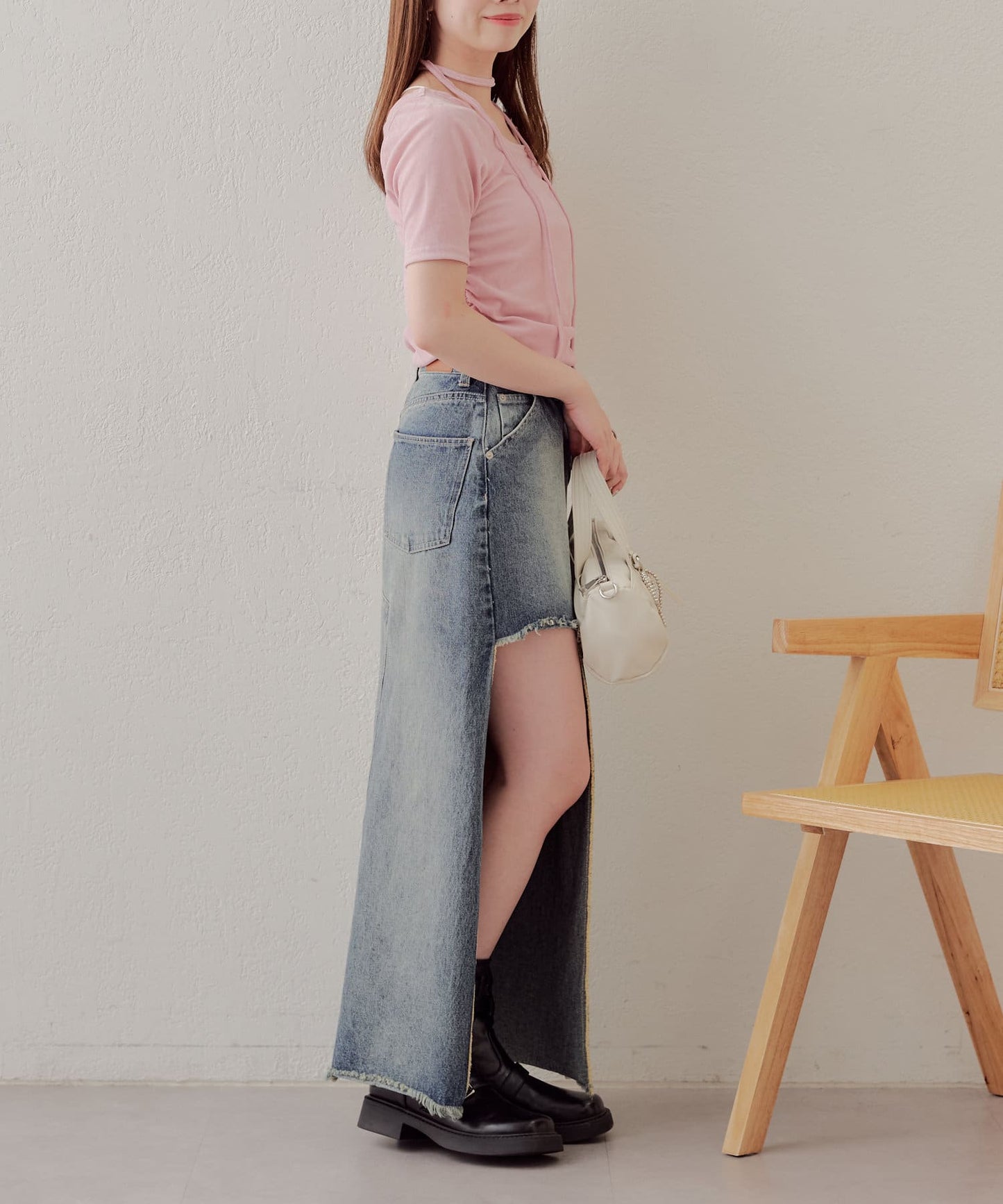 5分袖單肩領吊帶長T恤