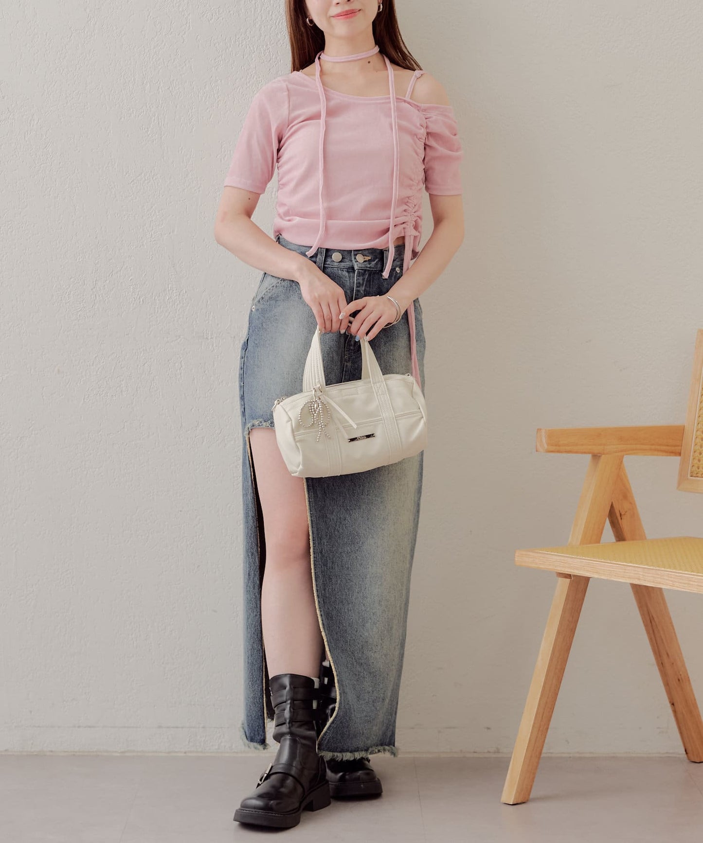 5分袖單肩領吊帶長T恤