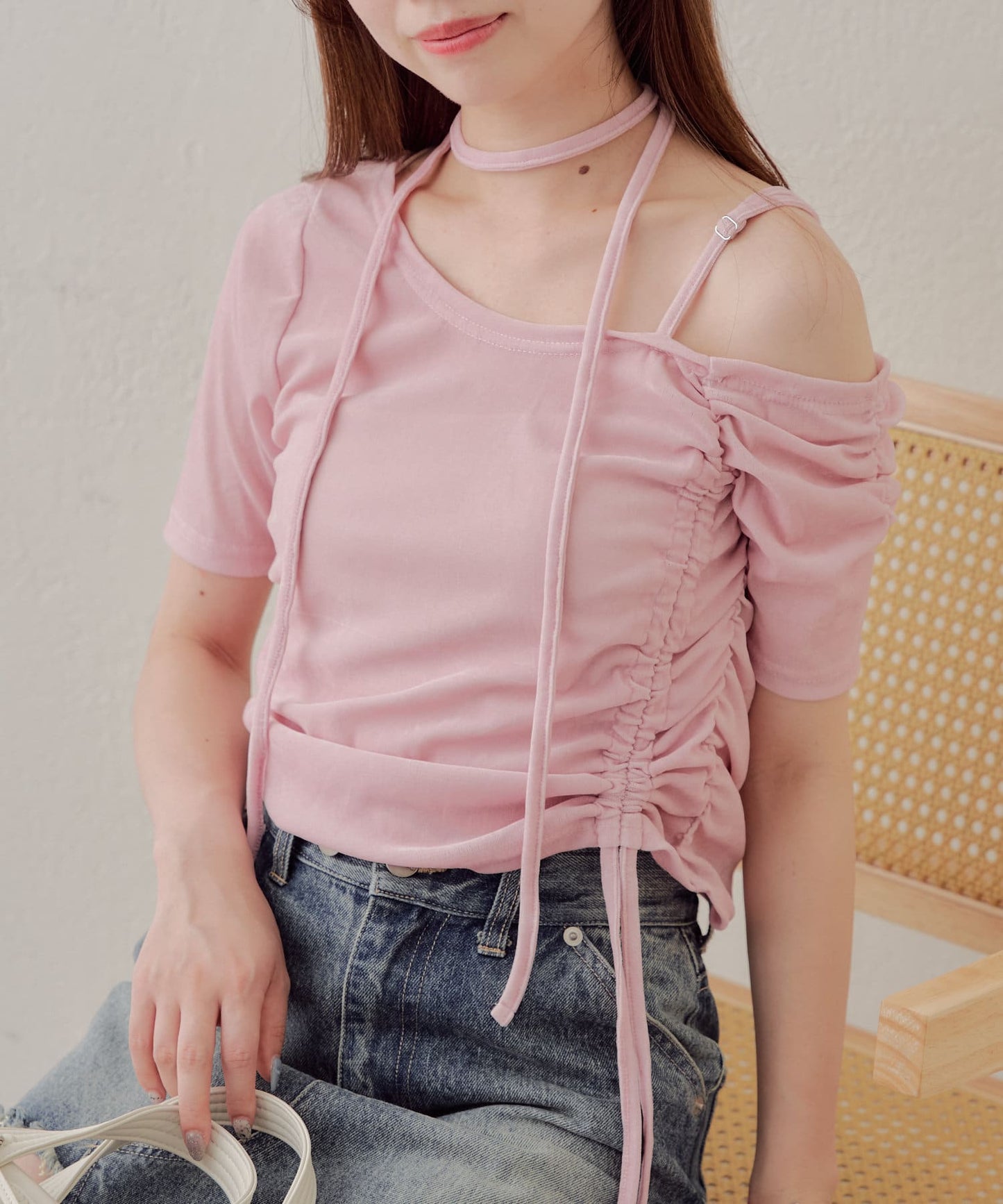 5分袖單肩領吊帶長T恤