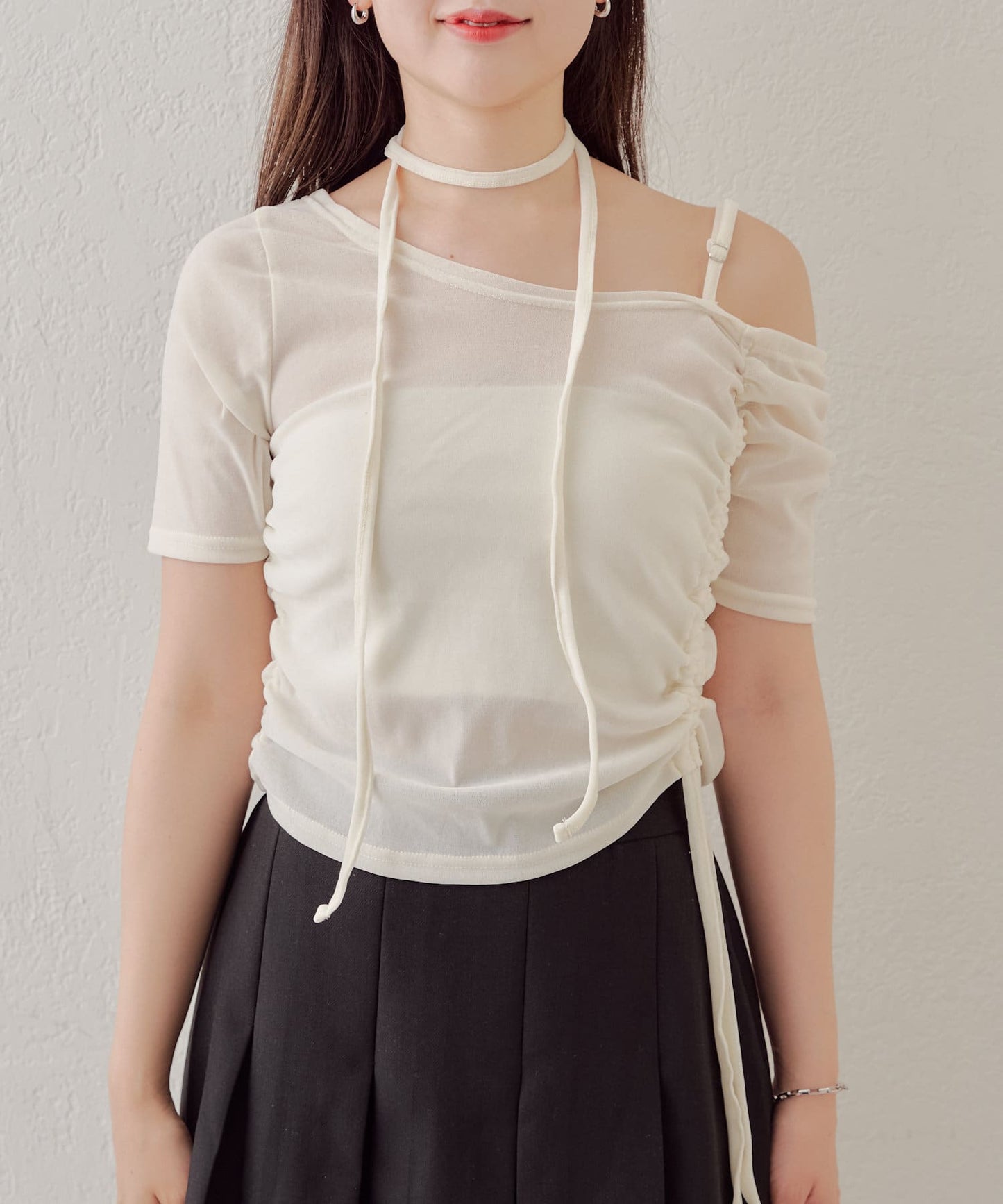 5分袖單肩領吊帶長T恤