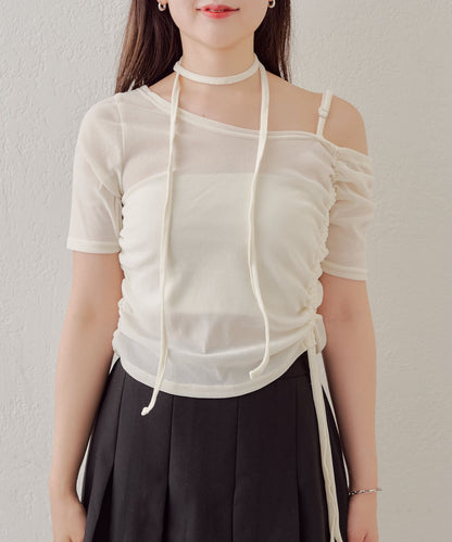 5分袖單肩領吊帶長T恤