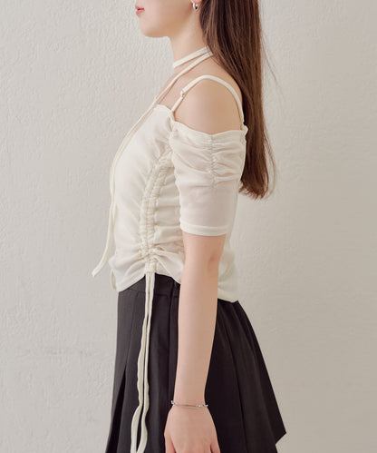 5分袖單肩領吊帶長T恤