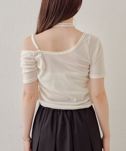 5分袖單肩領吊帶長T恤