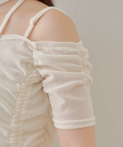 5分袖單肩領吊帶長T恤