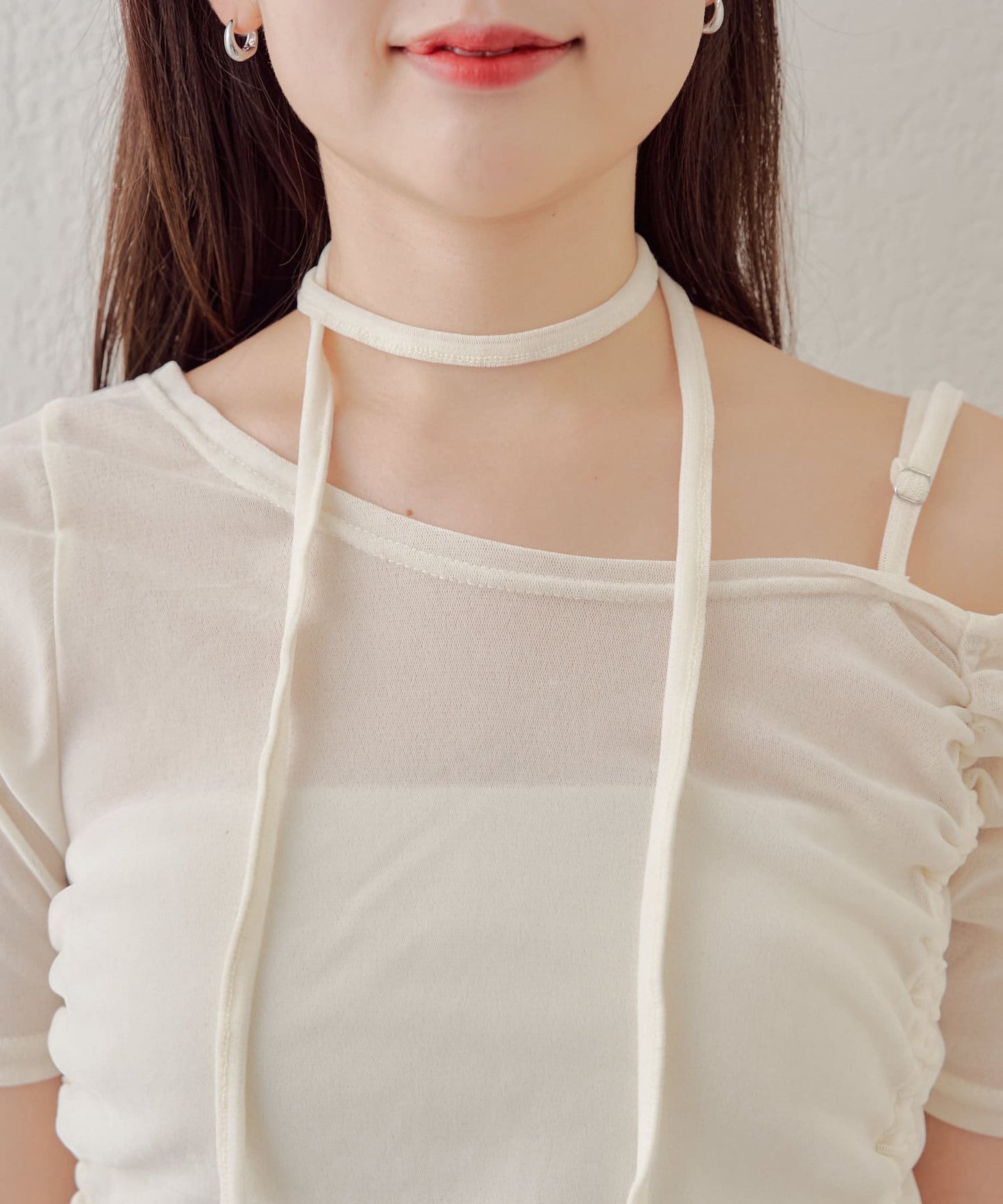 5分袖單肩領吊帶長T恤