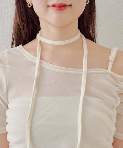 5分袖單肩領吊帶長T恤