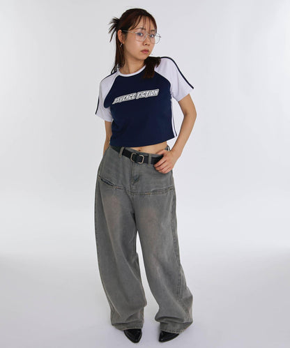 斜口袋爆破寬鬆牛仔褲