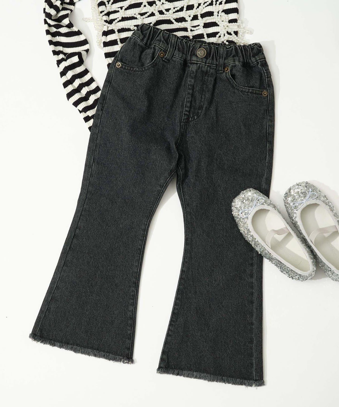 【KIDS】【TYPY DENIM】甘織り裾フリンジフレアデニム 【KIDS】【TYPY DENIM】甜美編織邊緣流蘇喇叭牛仔褲