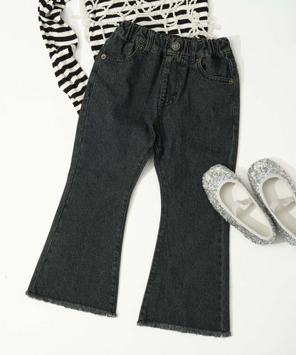 【KIDS】【TYPY DENIM】甘織り裾フリンジフレアデニム 【KIDS】【TYPY DENIM】甜美編織邊緣流蘇喇叭牛仔褲