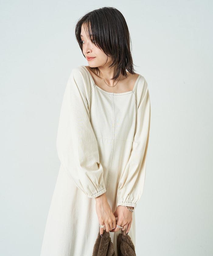 拼接泡泡袖方形連衣裙【限定款】