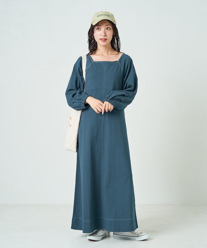 拼接泡泡袖方形連衣裙【限定款】