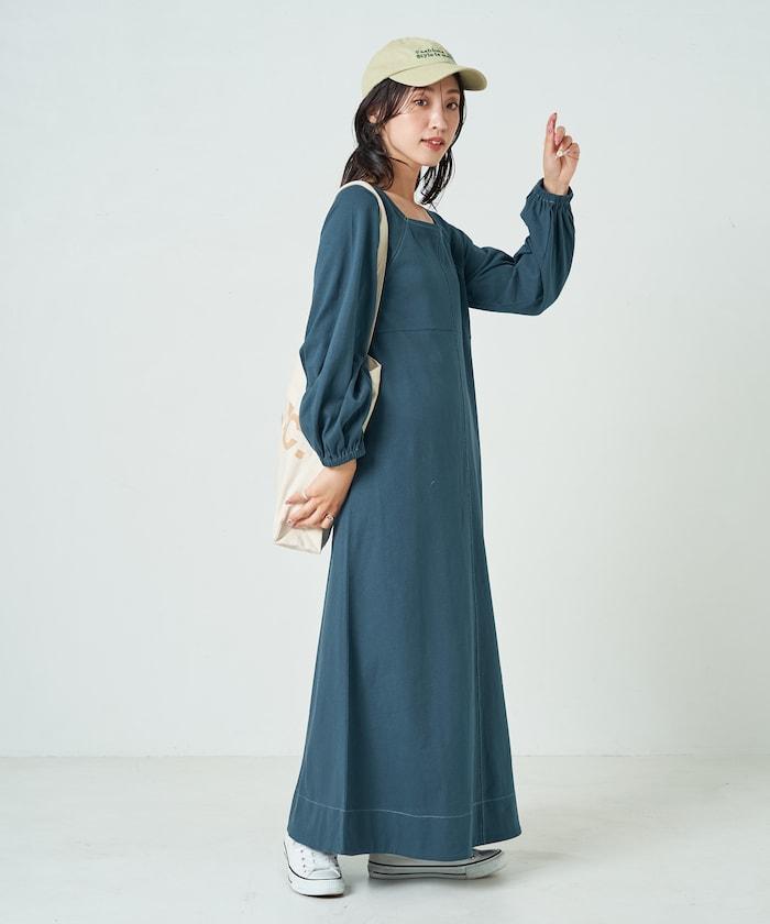 拼接泡泡袖方形連衣裙【限定款】