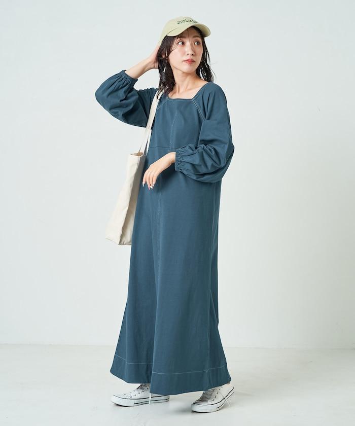 拼接泡泡袖方形連衣裙【限定款】