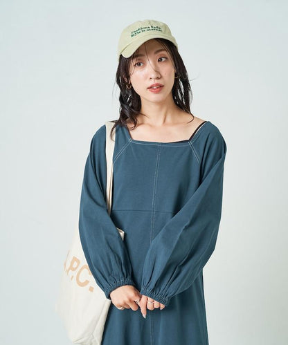 拼接泡泡袖方形連衣裙【限定款】