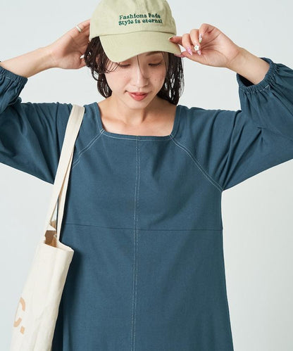 拼接泡泡袖方形連衣裙【限定款】