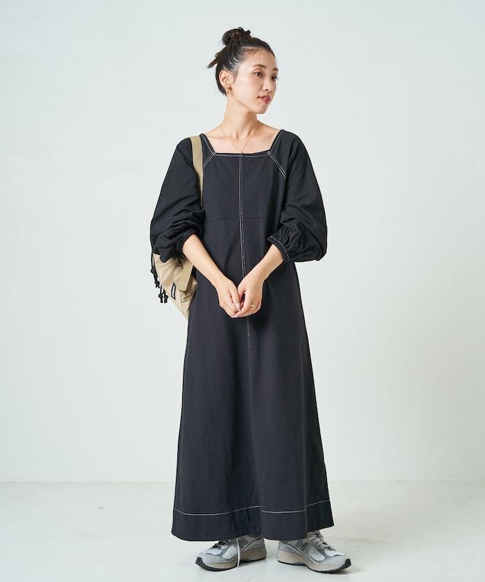 拼接泡泡袖方形連衣裙【限定款】