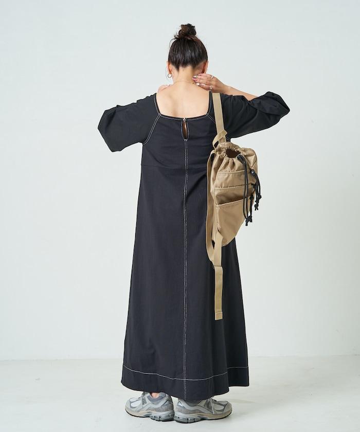 拼接泡泡袖方形連衣裙【限定款】