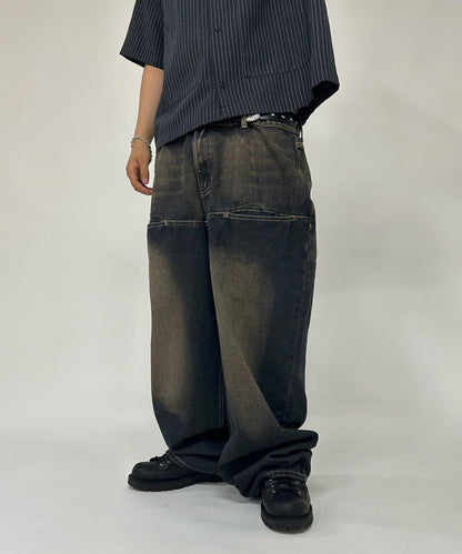 斜口袋爆破寬鬆牛仔褲