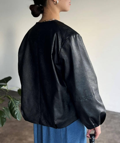 袖部蓬鬆合成皮夾克