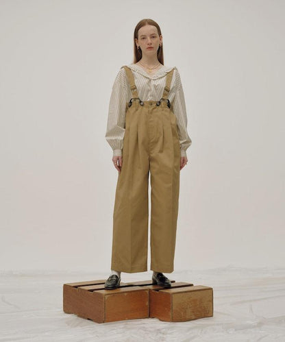 聯名 帶吊帶 大口袋2褶縐布褲