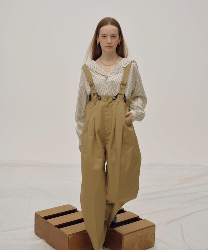 聯名 帶吊帶 大口袋2褶縐布褲